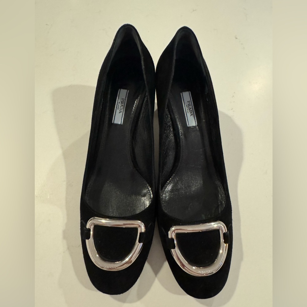 Prada Suede Black Pumps with Silver Buckle